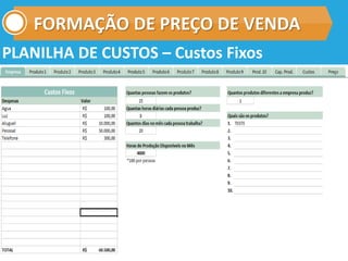 FORMAÇÃO DE PREÇO DE VENDA
PLANILHA DE CUSTOS – Custos Fixos
 