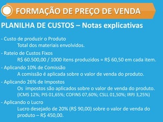 FORMAÇÃO DE PREÇO DE VENDA
PLANILHA DE CUSTOS – Notas explicativas
- Custo de produzir o Produto
Total dos materiais envolvidos.
- Rateio de Custos Fixos
R$ 60.500,00 / 1000 itens produzidos = R$ 60,50 em cada item.
- Aplicando 10% de Comissão
A comissão é aplicada sobre o valor de venda do produto.
- Aplicando 26% de Impostos
Os impostos são aplicados sobre o valor de venda do produto.
(ICMS 12%; PIS 01,65%; COFINS 07,60%; CSLL 01,50%; IRPJ 3,25%)
- Aplicando o Lucro
Lucro desejado de 20% (R$ 90,00) sobre o valor de venda do
produto – R$ 450,00.
 