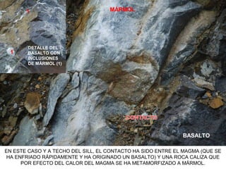 1                            MÁRMOL




        DETALLE DEL
 1      BASALTO CON
        INCLUSIONES
        DE MÁRMOL (1)




                                                             BASALTO

EN ESTE CASO Y A TECHO DEL SILL, EL CONTACTO HA SIDO ENTRE EL MAGMA (QUE SE
 HA ENFRIADO RÁPIDAMENTE Y HA ORIGINADO UN BASALTO) Y UNA ROCA CALIZA QUE
      POR EFECTO DEL CALOR DEL MAGMA SE HA METAMORFIZADO A MÁRMOL.
 