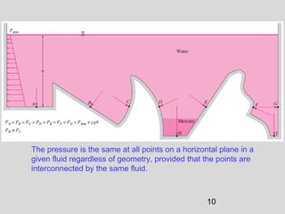 The pressure is the same at all points on a horizontal plane in a
given fluid regardless of geometry, provided that the points are
interconnected by the same fluid.



                                                   10
 