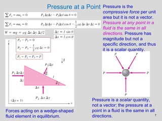 Pressure at a Point   Pressure is the
                                        compressive force per unit
                                        area but it is not a vector.
                                        Pressure at any point in a
                                        fluid is the same in all
                                        directions. Pressure has
                                        magnitude but not a
                                        specific direction, and thus
                                        it is a scalar quantity.




                                  Pressure is a scalar quantity,
                                  not a vector; the pressure at a
Forces acting on a wedge-shaped   point in a fluid is the same in all
fluid element in equilibrium.     directions.                         7
 