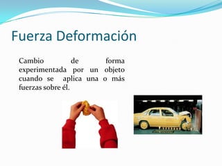 Fuerza Deformación
Cambio de forma
experimentada por un objeto
cuando se aplica una o más
fuerzas sobre él.