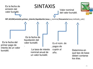 SINTAXIS
INT.ACUM(emisión;primer_interés;liquidación;tasa;v_nominal;frecuencia;base;método_calc)
  Es la fecha del 
primer pago de 
interés de un valor 
bursátil.
  Es la fecha de 
liquidación del 
valor bursátil. 
.
 
.
 La tasa de interés 
nominal anual de 
un valor bursátil. 
Valor nominal 
del valor bursátil. 
Es el núm. de
pagos de
cupón al
año.
Determina en 
qué tipo de base 
deben contarse 
los días.
Es la fecha de 
emisión del 
valor bursátil.
25
 
