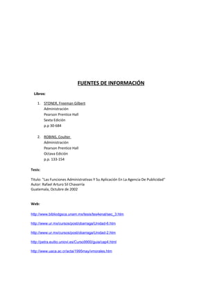 FUENTES DE INFORMACIÓN
Libros:
1. STONER, Freeman Gilbert
Administración
Pearson Prentice Hall
Sexta Edición
p.p 30-684
2. ROBINS, Coulter
Administración
Pearson Prentice Hall
Octava Edición
p.p. 133-154
Tesis:
Titulo: "Las Funciones Administrativas Y Su Aplicación En La Agencia De Publicidad"
Autor: Rafael Arturo Sil Chavarría
Guatemala, Octubre de 2002
Web:
http://www.bibliodgsca.unam.mx/tesis/tes4enal/sec_3.htm
http://www.ur.mx/cursos/post/obarraga/Unidad-6.htm
http://www.ur.mx/cursos/post/obarraga/Unidad-2.htm
http://petra.euitio.uniovi.es/Curso9900/guia/cap4.html
http://www.uaca.ac.cr/acta/1995may/vmorales.htm
 