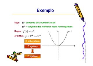 EduardoNobreLages–CTEC/UFAL
ExemploExemplo
Seja: = conjunto dos números reais
= conjunto dos números reais não negativos
Regra:
4º CASO:
É sobrejetoraÉ sobrejetora
É injetoraÉ injetora
É bijetoraÉ bijetora
 