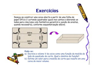 EduardoNobreLages–CTEC/UFAL
ExercíciosExercícios
Deseja-se construir uma caixa aberta a partir de uma folha de
papel Ofício 2 cortando quadrados iguais nos cantos e dobrando os
lados para cima (uma cola fantástica garantirá a junção de arestas,
quando necessária), conforme esquematização abaixo.
Pede-se:
a) Escreva o volume V da caixa como uma função da medida do
lado do quadrado de corte. Qual o domínio da função?
b) Estime um valor para a medida de corte que resulte em uma
caixa de maior volume.
dobre
aqui
dobre
aqui
dobre
aqui
dobre
aqui
 