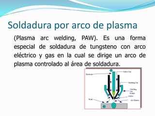 Soldadura por arco de plasma
 (Plasma arc welding, PAW). Es una forma
 especial de soldadura de tungsteno con arco
 eléctrico y gas en la cual se dirige un arco de
 plasma controlado al área de soldadura.
 