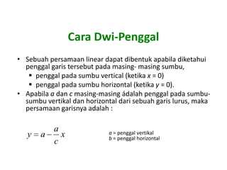 Cara Dwi-Penggal
• Sebuah persamaan linear dapat dibentuk apabila diketahui
  penggal garis tersebut pada masing- masing sumbu,
    penggal pada sumbu vertical (ketika x = 0)
    penggal pada sumbu horizontal (ketika y = 0).
• Apabila a dan c masing-masing ádalah penggal pada sumbu-
  sumbu vertikal dan horizontal dari sebuah garis lurus, maka
  persamaan garisnya adalah :

         a                  a = penggal vertikal
   y   a   x                b = penggal horizontal
         c
 