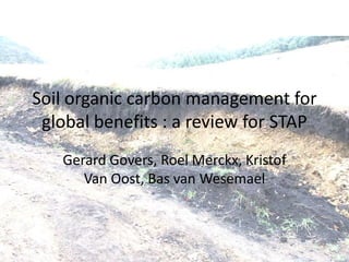 Soil organic carbon management for
 global benefits : a review for STAP
   Gerard Govers, Roel Merckx, Kristof
      Van Oost, Bas van Wesemael
 