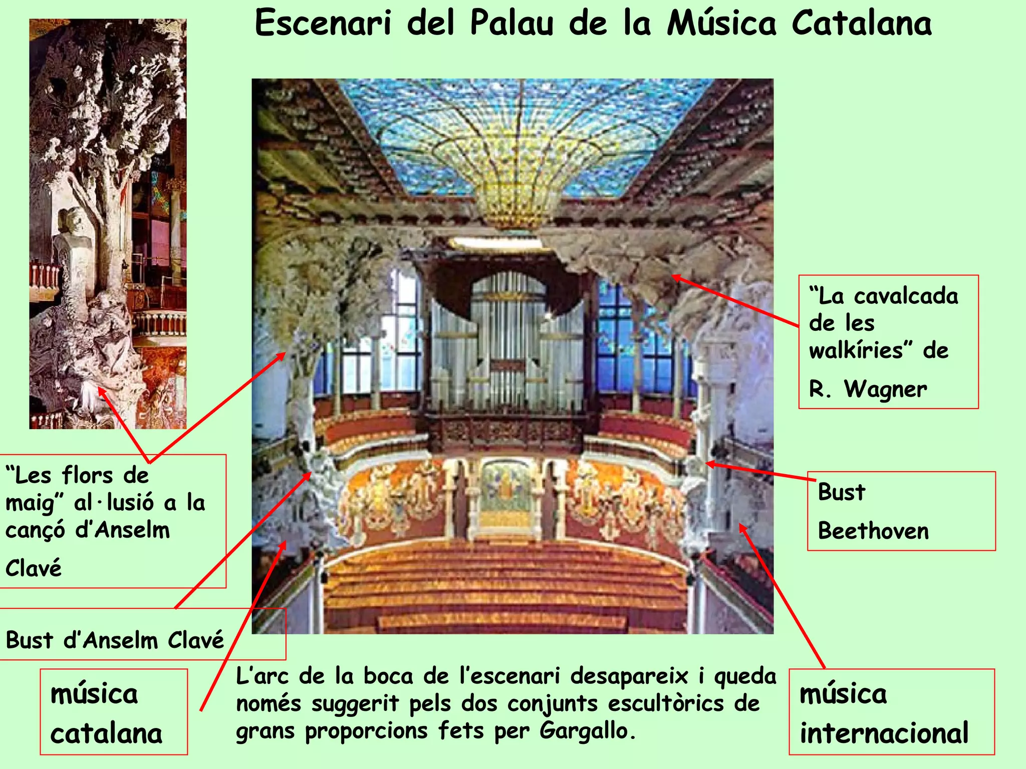 Escenari del Palau de la Música Catalana “ Les flors de maig” al·lusió a la cançó d’Anselm Clavé   “ La cavalcada de les walkíries” de R. Wagner   Bust d’Anselm Clavé   Bust Beethoven   música  catalana   música  internacional   L’arc de la boca de l’escenari desapareix i queda només suggerit pels dos conjunts escultòrics de grans proporcions fets per Gargallo. 