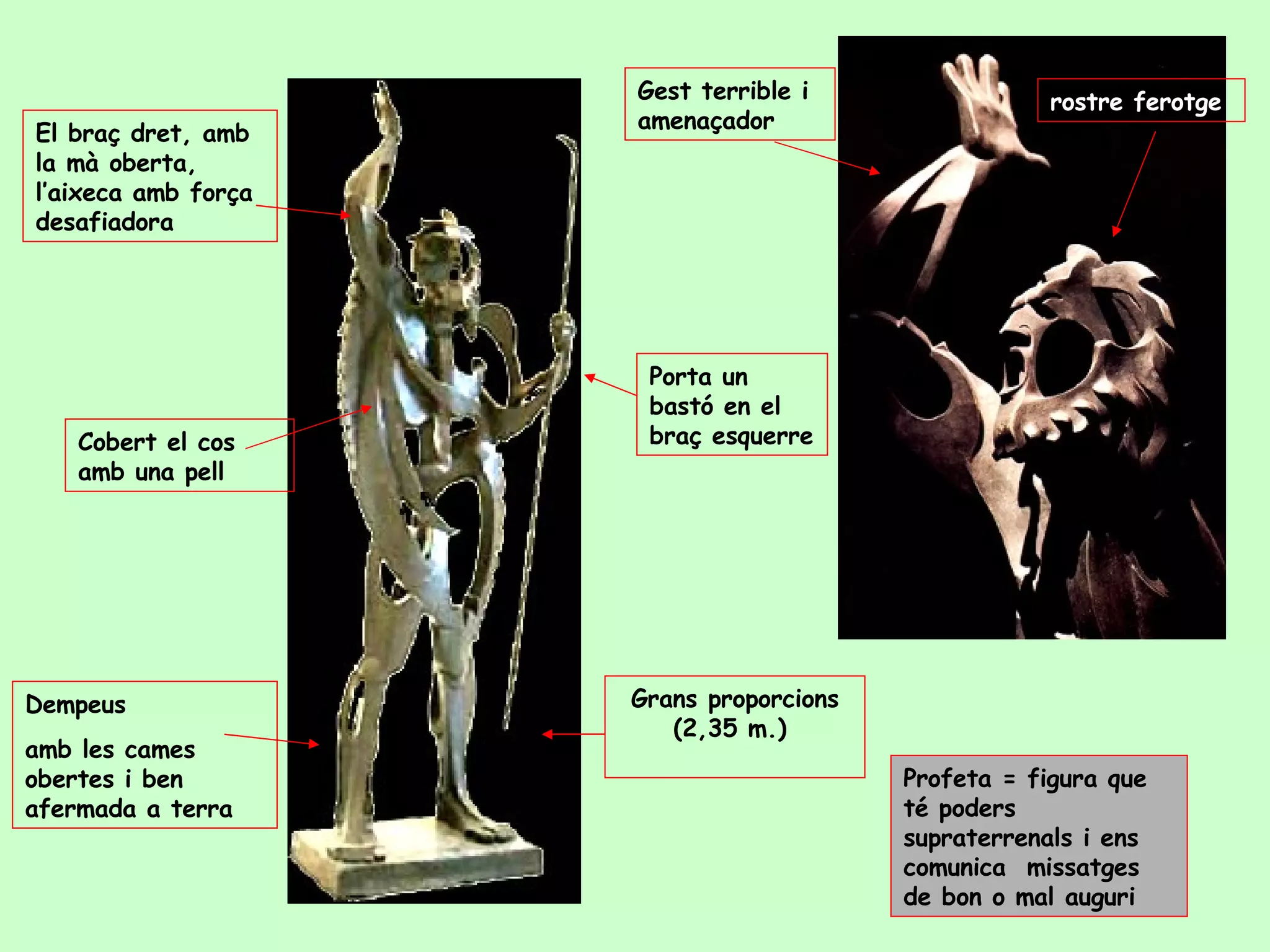 Grans proporcions (2,35 m.)  Dempeus  amb les cames obertes i ben afermada a terra   Cobert el cos amb una pell   Porta un bastó en el braç esquerre   El braç dret, amb la mà oberta, l’aixeca amb força desafiadora Gest terrible i amenaçador rostre ferotge   Profeta = figura que té poders supraterrenals i ens comunica  missatges de bon o mal auguri 