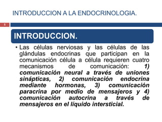 INTRODUCCION A LA ENDOCRINOLOGIA.
INTRODUCCION.
• Las células nerviosas y las células de las
glándulas endocrinas que participan en la
comunicación célula a célula requieren cuatro
mecanismos de comunicación: 1)
comunicación neural a través de uniones
sinápticas, 2) comunicación endocrina
mediante hormonas, 3) comunicación
paracrina por medio de mensajeros y 4)
comunicación autocrina a través de
mensajeros en el líquido intersticial.
5
 