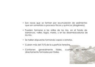 ROCAS
         SEDIMENTARIAS


• Son rocas que se forman por acumulación de sedimentos
  que son sometidos a procesos físicos y químicos (diagénesis).

• Pueden formarse a las orillas de los ríos, en el fondo de
  barrancos, valles, lagos, mares, y en las desembocaduras de
  los ríos.

• Se hallan dispuestas formando capas o estratos.

• Cubren más del 75 % de la superficie terrestre.

• Contienen   generalmente     fósiles,    cuando   no   están
  directamente formadas por fósiles.
 