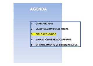 AGENDA


1-   GENERALIDADES

2-   CLASIFICACION DE LAS ROCAS

3-   CICLO LITOLÓGICO

4-   MIGRACIÓN DE HIDROCARBUROS

5-   ENTRAMPAMIENTO DE HIDROCARBUROS
 