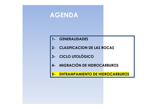 AGENDA


1-   GENERALIDADES

2-   CLASIFICACION DE LAS ROCAS

3-   CICLO LITOLÓGICO

4-   MIGRACIÓN DE HIDROCARBUROS

5-   ENTRAMPAMIENTO DE HIDROCARBUROS
 