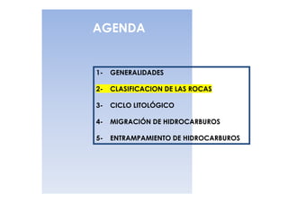 AGENDA


1-   GENERALIDADES

2-   CLASIFICACION DE LAS ROCAS

3-   CICLO LITOLÓGICO

4-   MIGRACIÓN DE HIDROCARBUROS

5-   ENTRAMPAMIENTO DE HIDROCARBUROS
 