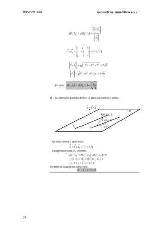 MOISES VILLENA                                                                 Geometría Analítica en R3




                                                                          →    →
                                                                          V× S2
                                      d (l 1 , l 2 ) = d (P0 , l 2 ) =
                                                                              →
                                                                              S2


                                                    i       j    k
                                    →    →
                                    V× S2 = 1 − 2                 3 = (− 7,7,7 )
                                                    2       3   −1

                                        →       →
                                        V× S2 =             (− 7 )2 + 7 2 + 7 2    =7 3

                                            →
                                            S 2 = 6 2 + 9 2 + (− 3)2 = 3 14



                      Por tanto: d (l 1 , l 2 ) = d (P0 , l 2 ) =
                                                                      7 3
                                                                      3 14


                 d)   Las dos rectas paralelas definen un plano que contiene a ambas.

                                                                 →    →    →
                                                                 n =V× S
                                                                                                    π
                                                                                   P0 (1,−1,2)
                                                                                       →
                                                                                     V = (1−2,3)
                                                                                           ,
                                                                                   →
                                             l1                                    S 2 = (6,9,−3)
                                                                     l2



                   Un vector normal al plano sería:
                                        →       →       →
                                    n = V × S 2 = (− 7,7,7 )
                   Escogiendo el punto P0 , tenemos:
                                   a ( x − x 0 ) + b( y − y 0 ) + c ( z − z 0 ) = 0
                                    − 7(x − 1) + 7( y + 1) + 7(z − 2) = 0
                                    − x +1+ y +1+ z − 2 = 0
                 Por tanto, la ecuación del plano sería:
                                             π : −x + y + z = 0




28
 
