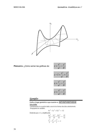 MOISES VILLENA                                                 Geometría Analítica en R3




                                                    z




                                                                                                 y




                    x




                                                           x2 y2
PREGUNTA: ¿Cómo serían las gráficas de:                  z= 2 − 2
                                                           a b
                                                               x2 y2
                                                         z −l = 2 + 2
                                                               a b
                                                           z2 y2
                                                         x= 2 − 2
                                                           a b
                                                           x2 z 2
                                                         y= 2 − 2
                                                           a b
                 Ejemplo
                 Grafica el lugar geométrico cuya ecuación es: 4 x 2 − 3 y 2 + 12 z 2 + 12 = 0
                 SOLUCIÓN:
                 Transformemos la ecuación dada a una de las formas descritas anteriormente:
                 Despejando las variables:
                                                4 x 2 − 3 y 2 + 12 z 2 = −12
                 Dividendo para 12 y simplificando:
                                                4 x 2 3 y 2 12 z 2          12
                                                      −        +        =−
                                                 12       12       12       12
                                                  2      2       2
                                                x      y       z
                                                     −      +      = −1
                                                 3      4       1



58
 