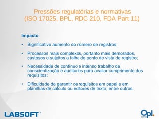 Pressões regulatórias e normativas (ISO 17025, BPL, RDC 210, FDA Part 11) Impacto Significativo aumento do número de registros; Processos mais complexos, portanto mais demorados, custosos e sujeitos a falha do ponto de vista de registro; Necessidade de contínuo e intenso trabalho de conscientização e auditorias para avaliar cumprimento dos requisitos; Dificuldade de garantir os requisitos em papel e em planilhas de cálculo ou editores de texto, entre outros. 