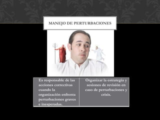 MANEJO DE PERTURBACIONES
Es responsable de las
acciones correctivas
cuando la
organización enfrenta
perturbaciones graves
e inesperadas.
Organizar la estrategia y
sesiones de revisión en
caso de perturbaciones y
crisis.
 