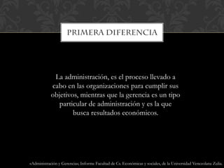 La administración, es el proceso llevado a
cabo en las organizaciones para cumplir sus
objetivos, mientras que la gerencia es un tipo
particular de administración y es la que
busca resultados económicos.
«Administración y Gerencia»; Informe Facultad de Cs. Económicas y sociales, de la Universidad Venezolana Zulia.
 