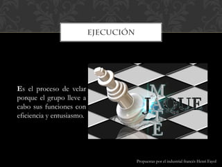 Es el proceso de velar
porque el grupo lleve a
cabo sus funciones con
eficiencia y entusiasmo.
Propuestas por el industrial francés Henri Fayol
 