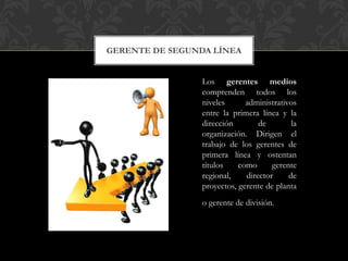 GERENTE DE SEGUNDA LÍNEA
Los gerentes medios
comprenden todos los
niveles administrativos
entre la primera línea y la
dirección de la
organización. Dirigen el
trabajo de los gerentes de
primera línea y ostentan
títulos como gerente
regional, director de
proyectos, gerente de planta
o gerente de división.
 