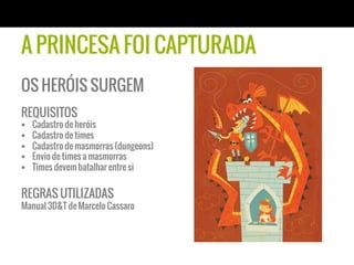 A PRINCESA FOI CAPTURADA
OS HERÓIS SURGEM
REQUISITOS
§    Cadastro de heróis
§    Cadastro de times
§    Cadastro de masmorras (dungeons)
§    Envio de times a masmorras
§    Times devem batalhar entre si


REGRAS UTILIZADAS
Manual 3D&T de Marcelo Cassaro
 