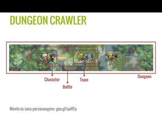 DUNGEON CRAWLER




                                                  Dungeon
                    Character              Team
                                Battle




Monte os seus personangens: goo.gl/qoRFp
 