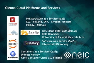 Glenna Cloud Platforms and Services
4
Containers as a Service (CaaS):
Uninett Norway
Rahti Container Cloud CSC Finland
Sof...
