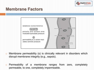 Membrane Factors




   Membrane permeability (s) is clinically relevant in disorders which
    disrupt membrane integrity (e.g., sepsis).


   Permeability of a membrane ranges from zero, completely
    permeable, to one, completely impermeable.
 