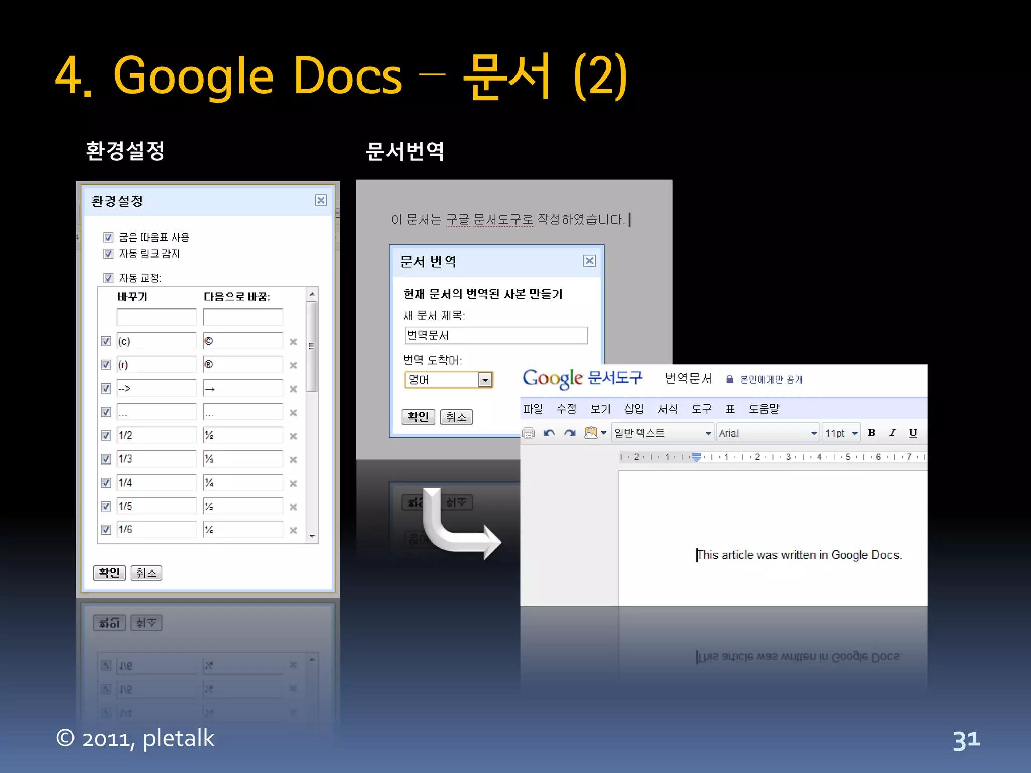 4. Google Docs – 문서 (2)
  환경설정            문서번역




© 2011, pletalk           31
 