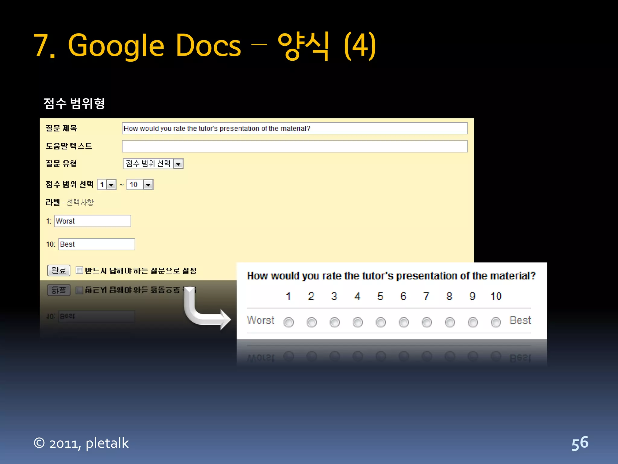 7. Google Docs – 양식 (4)
 점수 범위형




© 2011, pletalk           56
 