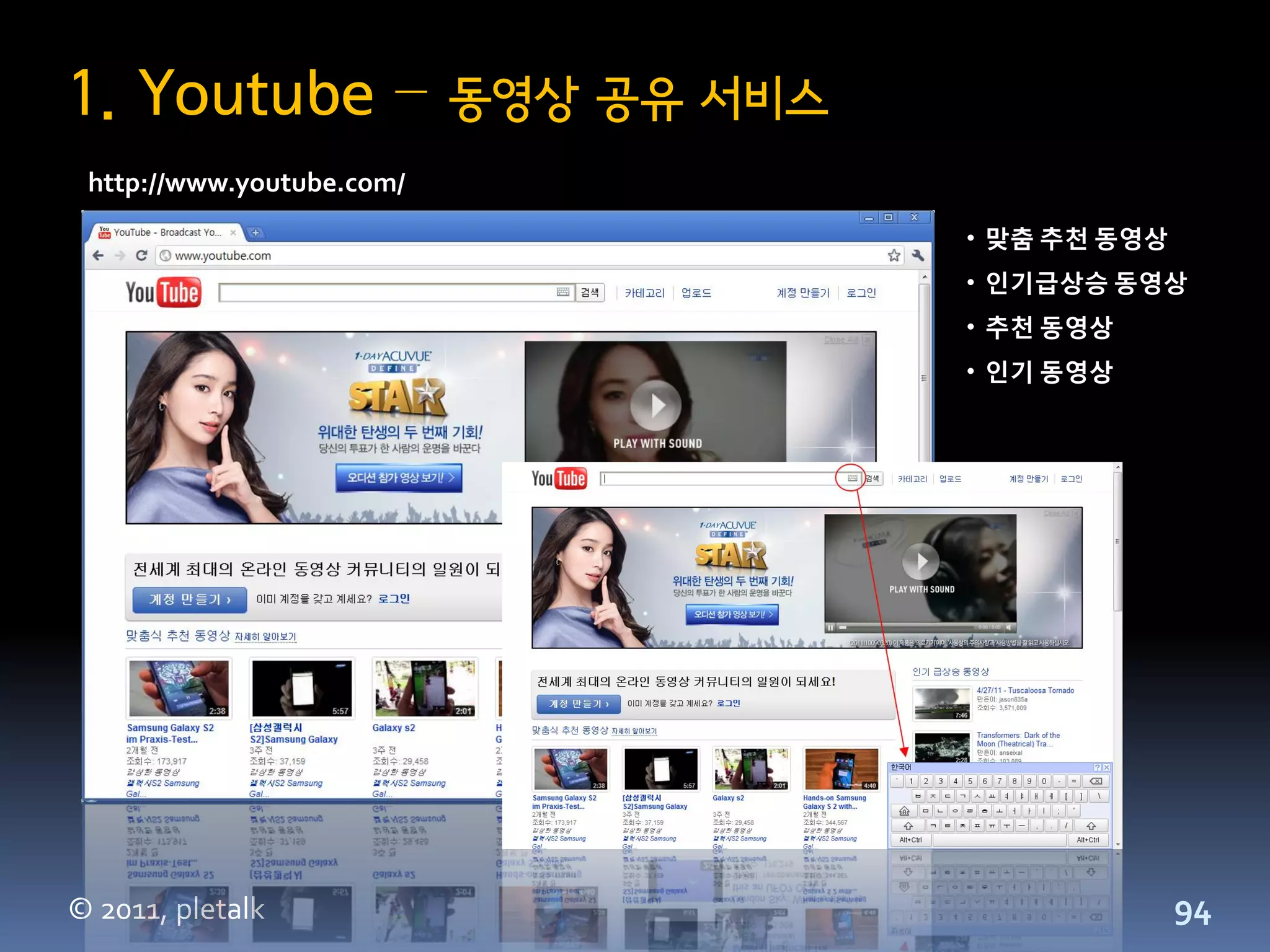 1. Youtube –               동영상 공유 서비스
 http://www.youtube.com/
                                        • 맞춤 추천 동영상
                                        • 인기급상승 동영상
                                        • 추천 동영상
                                        • 인기 동영상




© 2011, pletalk                                       94
 