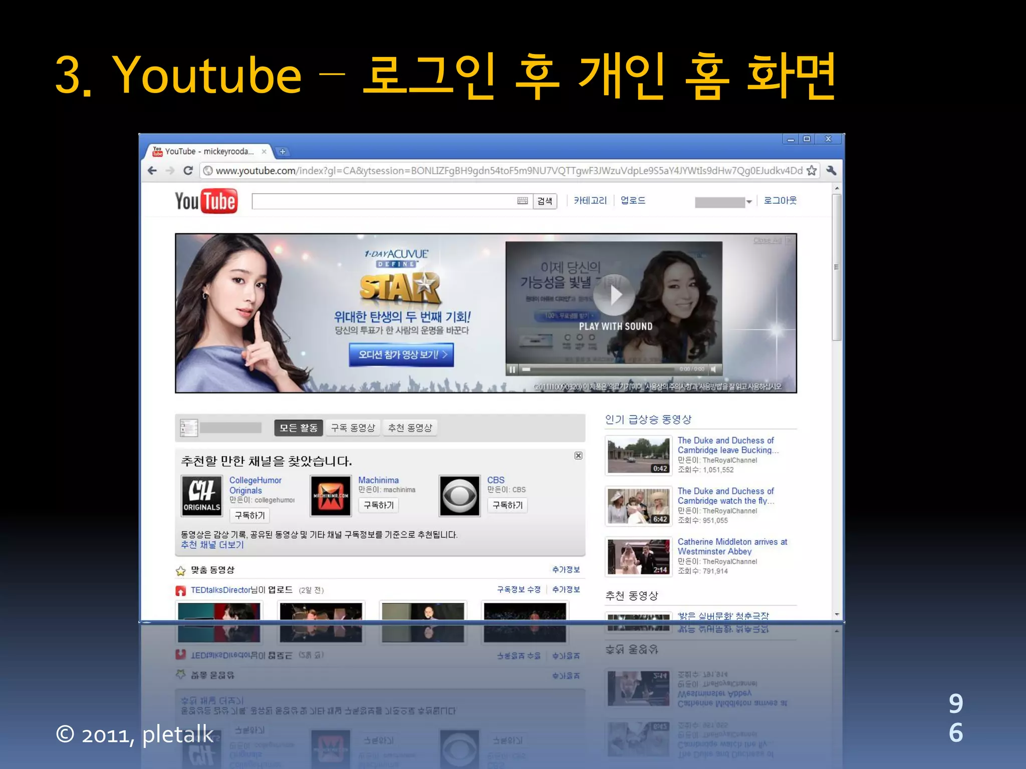 3. Youtube – 로그인 후 개인 홈 화면




                             9
© 2011, pletalk              6
 