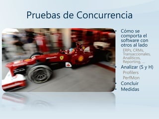 Pruebas de Concurrencia
                   • Cómo se
                     comporta el
                     software con
                     otros al lado
                      ERPs, CRMs,
                      Transaccionales,
                      Analíticos,
                      Reporting, …
                   • Analizar (S y H)
                      Profilers
                      PerfMon
                   • Concluir
                   • Medidas
 