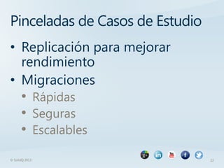 Pinceladas de Casos de Estudio
• Replicación para mejorar
  rendimiento
• Migraciones
      • Rápidas
      • Seguras
      • Escalables
© SolidQ 2013                    22
 