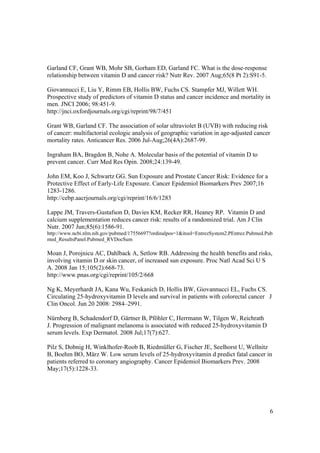 Garland CF, Grant WB, Mohr SB, Gorham ED, Garland FC. What is the dose-response
relationship between vitamin D and cancer risk? Nutr Rev. 2007 Aug;65(8 Pt 2):S91-5.

Giovannucci E, Liu Y, Rimm EB, Hollis BW, Fuchs CS. Stampfer MJ, Willett WH.
Prospective study of predictors of vitamin D status and cancer incidence and mortality in
men. JNCI 2006; 98:451-9.
http://jnci.oxfordjournals.org/cgi/reprint/98/7/451

Grant WB, Garland CF. The association of solar ultraviolet B (UVB) with reducing risk
of cancer: multifactorial ecologic analysis of geographic variation in age-adjusted cancer
mortality rates. Anticancer Res. 2006 Jul-Aug;26(4A):2687-99.

Ingraham BA, Bragdon B, Nohe A. Molecular basis of the potential of vitamin D to
prevent cancer. Curr Med Res Opin. 2008;24:139-49.

John EM, Koo J, Schwartz GG. Sun Exposure and Prostate Cancer Risk: Evidence for a
Protective Effect of Early-Life Exposure. Cancer Epidemiol Biomarkers Prev 2007;16
1283-1286.
http://cebp.aacrjournals.org/cgi/reprint/16/6/1283

Lappe JM, Travers-Gustafson D, Davies KM, Recker RR, Heaney RP. Vitamin D and
calcium supplementation reduces cancer risk: results of a randomized trial. Am J Clin
Nutr. 2007 Jun;85(6):1586-91.
http://www.ncbi.nlm.nih.gov/pubmed/17556697?ordinalpos=1&itool=EntrezSystem2.PEntrez.Pubmed.Pub
med_ResultsPanel.Pubmed_RVDocSum

Moan J, Porojnicu AC, Dahlback A, Setlow RB. Addressing the health benefits and risks,
involving vitamin D or skin cancer, of increased sun exposure. Proc Natl Acad Sci U S
A. 2008 Jan 15;105(2):668-73.
http://www.pnas.org/cgi/reprint/105/2/668

Ng K, Meyerhardt JA, Kana Wu, Feskanich D, Hollis BW, Giovannucci EL, Fuchs CS.
Circulating 25-hydroxyvitamin D levels and survival in patients with colorectal cancer J
Clin Oncol. Jun 20 2008: 2984–2991.

Nürnberg B, Schadendorf D, Gärtner B, Pföhler C, Herrmann W, Tilgen W, Reichrath
J. Progression of malignant melanoma is associated with reduced 25-hydroxyvitamin D
serum levels. Exp Dermatol. 2008 Jul;17(7):627.

Pilz S, Dobnig H, Winklhofer-Roob B, Riedmüller G, Fischer JE, Seelhorst U, Wellnitz
B, Boehm BO, März W. Low serum levels of 25-hydroxyvitamin d predict fatal cancer in
patients referred to coronary angiography. Cancer Epidemiol Biomarkers Prev. 2008
May;17(5):1228-33.




                                                                                             6
 