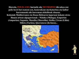 Horrela,  POLIS-AMA  hartatik edo  METROPOLI tik askea zen polis berri bat osatzen zen, hasierakoan merkataritza eta kultur harremanak edo harreman afektiboak zituena.  Koloniak Mediterraneo eta Itsaso Beltzaren inguruan kokatu ziren. Hauen artean aipagarrienak : Malaka (Malaga), Emporion (Ampurias), Sagunto, Massilia (Marseilla), Sizilia, Cirene (Libia) Mileto (Turkia), Quersoneso (Krimea)... 