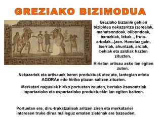 GREZIAKO BIZIMODUA Greziako biztanle gehien bizibidea nekazaritza (zerealak, mahatsondoak, olibondoak, barazkiak, lekak ., fruta-arbolak...)zen. Honetaz gain, txerriak, ahuntzak, ardiak, behiak eta zaldiak hazten zituzten.  Hirietan artisau asko lan egiten zuten.  Portuetan ere, diru-trukatzaileak aritzen ziren eta merkatariei interesen truke dirua maileguz ematen zietenak ere bazeuden. Nekazariek eta artisauek beren produktuak atez ate, lantegian edota AGORAn edo hiriko plazan saltzen zituzten. Merkatari nagusiak hiriko portuetan zeuden, bertako itsasontziak inportazioko eta esportazioko produktuekin lan egiten baitzen. 