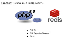 ● PHP 5.3+
● PHP Extension Pthreads
● Redis
Cronario: Выбранные инструменты
 