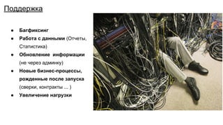 ● Багфиксинг
● Работа с данными (Отчеты,
Статистика)
● Обновление информации
(не через админку)
● Новые бизнес-процессы,
рожденные после запуска
(сверки, контракты ... )
● Увеличение нагрузки
Поддержка
 