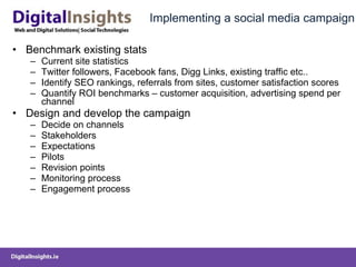Implementing a social media campaign Benchmark existing stats Current site statistics  Twitter followers, Facebook fans, Digg Links, existing traffic etc.. Identify SEO rankings, referrals from sites, customer satisfaction scores Quantify ROI benchmarks – customer acquisition, advertising spend per channel Design and develop the campaign Decide on channels Stakeholders  Expectations Pilots Revision points Monitoring process Engagement process 