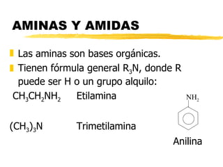 AMINAS Y AMIDAS Las aminas son bases orgánicas. Tienen fórmula general R 3 N, donde R puede ser H o un grupo alquilo: CH 3 CH 2 NH 2 Etilamina (CH 3 ) 3 N Trimetilamina NH 2 Anilina 