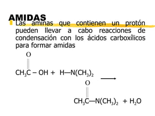 AMIDAS Las aminas que contienen un protón pueden llevar a cabo reacciones de condensación con los ácidos carboxílicos para formar amidas CH 3 C – OH +  H—N(CH 3 ) 2     CH 3 C—N(CH 3 ) 2   + H 2 O O O 