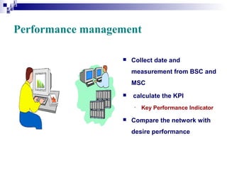 i
i d
ad
H

Performance management


Collect date and
measurement from BSC and
MSC



calculate the KPI
•



Key Performance Indicator

Compare the network with
desire performance

 
