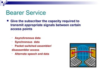 i
i d
ad
H

Bearer Service


Give the subscriber the capacity required to
transmit appropriate signals between certain
access points
Asynchronous data
• Synchronous data
• Packet switched assembler/
disassembler access
• Alternate speech and data
•

 