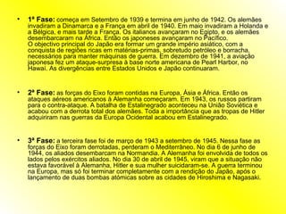 1ª Fase:   começa em Setembro de 1939 e termina em junho de 1942. Os alemães invadiram a Dinamarca e a França em abril de 1940. Em maio invadiram a Holanda e a Bélgica, e mais tarde a França. Os italianos avançaram no Egipto, e os alemães desembarcaram na África. Então os japoneses avançaram no Pacífico.  O objectivo principal do Japão era formar um grande império asiático, com a conquista de regiões ricas em matérias-primas, sobretudo petróleo e borracha, necessários para manter máquinas de guerra. Em dezembro de 1941, a aviação japonesa fez um ataque-surpresa à base norte americana de Pearl Harbor, no Hawaí. As divergências entre Estados Unidos e Japão continuaram. 2ª Fase:   as forças do Eixo foram contidas na Europa, Ásia e África. Então os ataques aéreos americanos à Alemanha começaram. Em 1943, os russos partiram para o contra-ataque. A batalha de Estalinegrado aconteceu na União Soviética e acabou com a derrota total dos alemães. Toda a importância que as tropas de Hitler adquiriram nas guerras da Europa Ocidental acabou em Estalinegrado. 3ª Fase:   a terceira fase foi de março de 1943 a setembro de 1945. Nessa fase as forças do Eixo foram derrotadas, perderam o Mediterrâneo. No dia 6 de junho de 1944, os aliados desembarcam na Normandia. A Alemanha foi envolvida de todos os lados pelos exércitos aliados. No dia 30 de abril de 1945, viram que a situação não estava favorável à Alemanha, Hitler e sua mulher suicidaram-se. A guerra terminou na Europa, mas só foi terminar completamente com a rendição do Japão, após o lançamento de duas bombas atómicas sobre as cidades de Hiroshima e Nagasaki. 