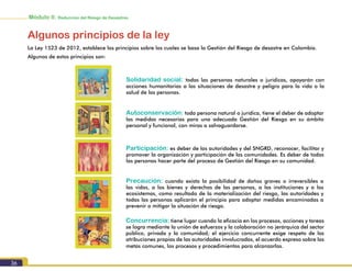 Módulo II. Reduccion del Riesgo de Desastres
36
Algunos principios de la ley
La Ley 1523 de 2012, establece los principios sobre los cuales se basa la Gestión del Riesgo de desastre en Colombia.
Algunos de estos principios son:
Autoconservación: toda persona natural o jurídica, tiene el deber de adoptar
las medidas necesarias para una adecuada Gestión del Riesgo en su ámbito
personal y funcional, con miras a salvaguardarse.
Participación: es deber de las autoridades y del SNGRD, reconocer, facilitar y
promover la organización y participación de las comunidades. Es deber de todas
las personas hacer parte del proceso de Gestión del Riesgo en su comunidad.
Precaución: cuando exista la posibilidad de daños graves o irreversibles a
las vidas, a los bienes y derechos de las personas, a las instituciones y a los
ecosistemas, como resultado de la materialización del riesgo, las autoridades y
todas las personas aplicarán el principio para adoptar medidas encaminadas a
prevenir o mitigar la situación de riesgo.
Concurrencia: tiene lugar cuando la eficacia en los procesos, acciones y tareas
se logra mediante la unión de esfuerzos y la colaboración no jerárquica del sector
público, privada y la comunidad; el ejercicio concurrente exige respeto de las
atribuciones propias de las autoridades involucradas, el acuerdo expreso sobre las
metas comunes, los procesos y procedimientos para alcanzarlas.
Solidaridad social: todas las personas naturales o jurídicas, apoyarán con
acciones humanitarias a las situaciones de desastre y peligro para la vida o la
salud de las personas.
Peligro
 