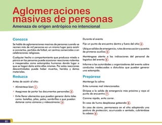 80
Aglomeraciones
masivas de personas
Amenaza de origen antrópico no intencional
Conozca
Se habla de aglomeraciones masivas de personas cuando se
reúnen más de mil personas en un mismo lugar para asistir
a conciertos, partidos de fútbol, en centros comerciales o en
celebraciones religiosas.
Cualquier hecho o comportamiento que produzca miedo o
pánico en las personas puede ocasionar reacciones violentas
o inesperadas como estampidas humanas dando lugar a
que se hagan daño entre ellas mismas. Por estas reacciones
descontroladas puede haber muertos, heridos y daños
materiales.
Reduzca
Antes de asistir al sitio:
•	 Aliméntese bien (1).
•	 Asegúrese de portar los documentos personales (2).
•	 Evite llevar elementos que puedan generar daño tales
como: botellas, pilas, palos, sombrillas o que puedan
dañarse como cámaras y videocámaras (3).
Durante el evento
Fije un punto de encuentro dentro y fuera del sitio (4).
Ubique salidas de emergencia, rutas de evacuación y puestos
de primeros auxilios (5).
Manténgase atento a las indicaciones del personal de
logística del evento (6).
Informe a las autoridades u organizadores del evento sobre
conductas inadecuadas o disturbios que puedan generar
una estampida.
Prepárese
Mantenga la calma
Evite rumores mal intencionados
Diríjase a la salida de emergencia más próxima y vaya al
punto de encuentro (7).
Camine rápido, evita correr.
En caso de humo desplácese gateando (8).
En caso de sismo, permanezca en el sitio adoptando una
postura de protección, acurrucado o sentado, cubriéndose
la cabeza (9).
1
2
3
4
5
6
7
8
9
 